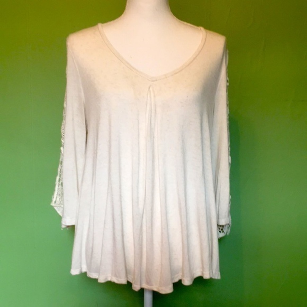 BOBEAU beige v neck top with embroidery on sleeves
